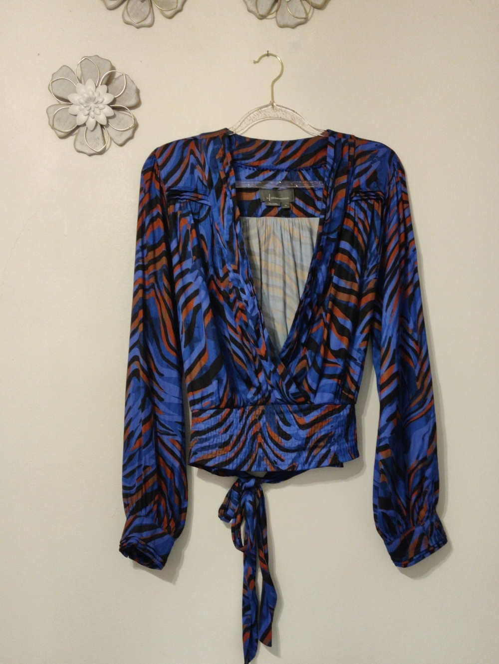 Anthropologie Blue and Brown Zebra Wrap Blouse